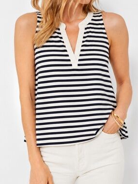 Evereve Navy & White Striped Sleeveless Split‑Neck Top